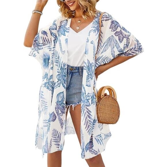 Women's Kimono Swimsuit Coverups Leaves Blue - Picture 1 of 7